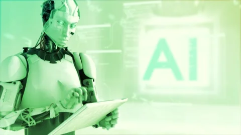 High quality rotating CGI shot of a humanoid AI robot using an iPad style Stock Footage 245432416