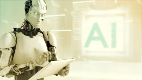 High quality rotating CGI shot of a humanoid AI robot using an iPad style Stock Footage 245466121