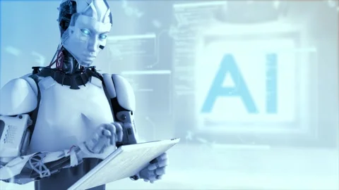 High quality rotating CGI shot of a humanoid AI robot using an iPad style Stock Footage 245466134
