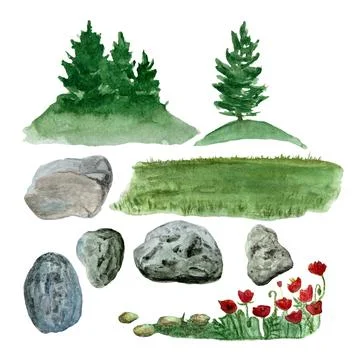 High quality watercolor landscape elements isolated on white Stock Illustration