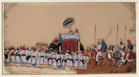 A high ranking man sitting under a parasol on an elephant, preceded by a gr.. Illustrazione stock