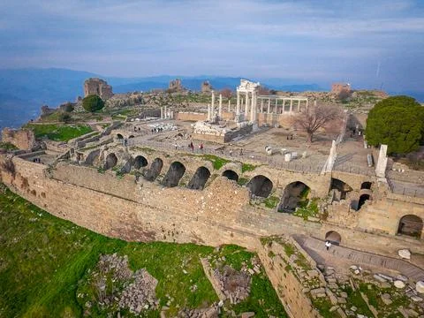 High-Res Drone Sharpness of Attalid Cryptoporticus and Acropolis Built by E.. Stock Photos