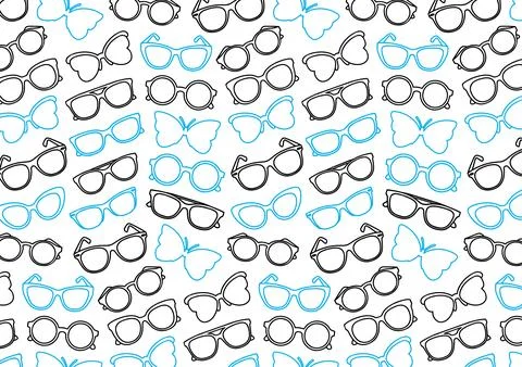 High res seamless, vector pattern of sunglasses, cat eye, butterfly, round Stock Illustration
