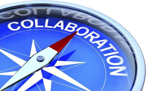 High resolution 3D rendering of a compass with a collaboration icon 스톡 일러스트
