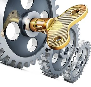 High resolution 3D rendering of gears and a key Stock Illustration