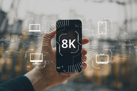 High resolution 8k concept on abstract image with hands and smartphone. Icons Stock Photos