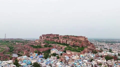 High-resolution aerial drone view of Indian fort architecture at Mehrangarh Stock Footage 310659651