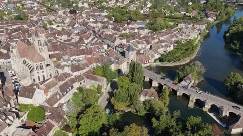 High-resolution aerial footage showcasing the picturesque medieval town of Moret Stock Footage 346688344