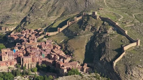 High-resolution aerial footage showcasing the historic town of Albarracin in Stock Footage 346707400