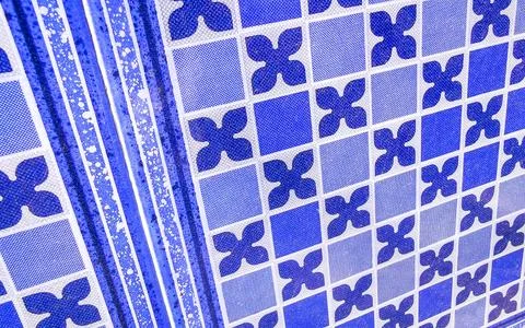 High resolution blue bathroom tiles with white cream pattern texture. Stock Photos