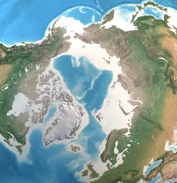 High resolution detailed map of North Pole, Arctic Ocean and Greenland Stock Illustration