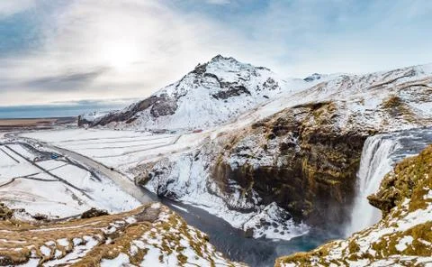 High Resolution HDR Panoramic View of Skogafoss Waterfall in Winter , Iceland Stock Photos