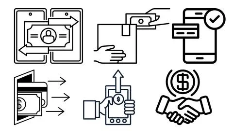High resolution illustration icons pack of payments on white background Illustrazione stock
