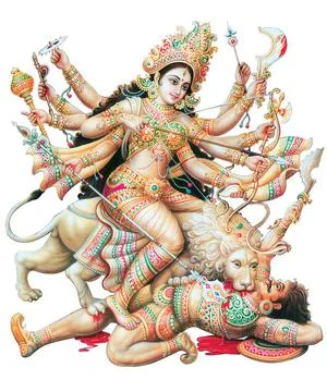 High-Resolution Indian Goddess Durga killing Demon Stock Illustration