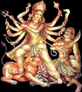 High-Resolution Indian Goddess Durga killing Demon Stock Illustration