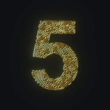 High resolution number 5 five symbol formed of gold bent wire. 3D rendering Stock Illustration