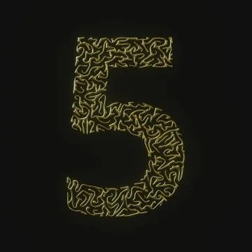 High resolution number five 5 symbol made of molded golden lines. 3d rendering Stock Illustration