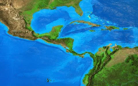 High resolution physical map of Central America and the Caribbean Stock Illustration
