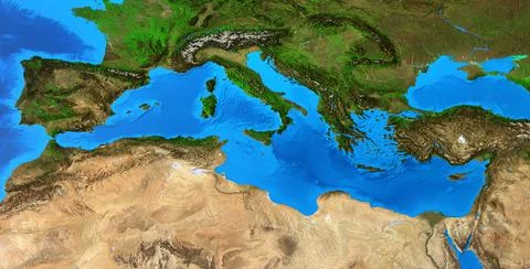 High resolution physical map of Mediterranean Sea Stock Photos