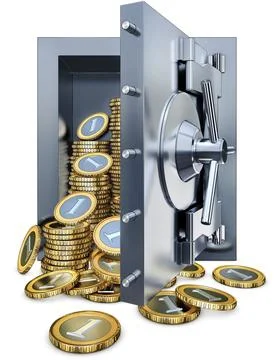 High resolution rendering of a bank vault filled with coins Fotos de archivo