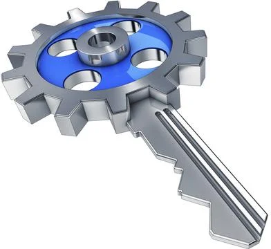 High resolution rendering of a key with a cog wheel Illustrazione stock