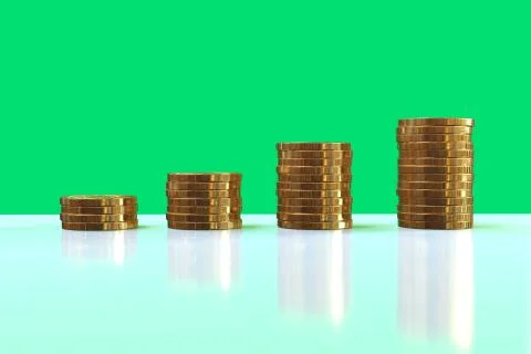 High Resolution Stack Of Gold Coins With Green Background And Reflexion Stock Illustration