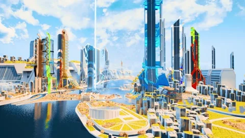 High-Resolution Vibrant Utopian City Render Stock Footage 326096437