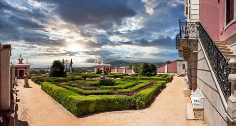 High resolution wide panoramic view of Garden of the Palace of Estoi Stock Photos