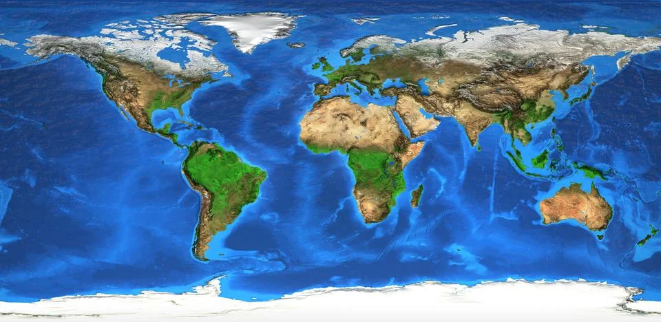 High resolution world map and landforms Stock Illustration