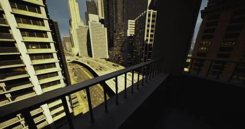 High rise balcony view overlooking a bustling cityscape during daylight hours Ilustração Stock