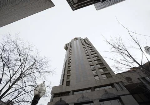High rise building with bare trees and street lamp, low angle view Stock Photos