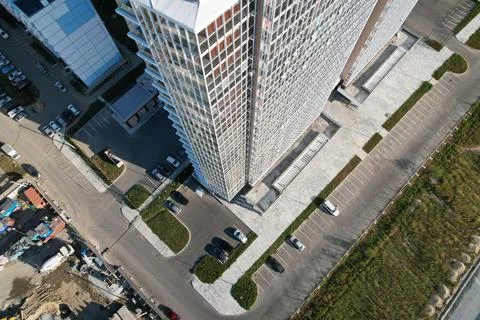 High-rise building - a fire brigade extinguishes a fire in a new skyscraper Stock Photos