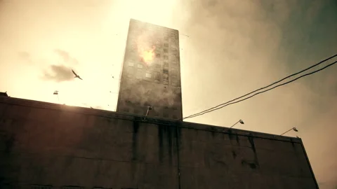 High rise building fire. Clouds of smoke from ruined skyscraper. 4K  VFX shot Vídeos de archivo 151032832