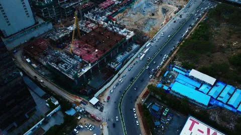 High rise building in under construction with tower crane, Time square Ave road Stock Footage 343338285