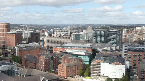 High rise buildings congested area Aerial Drone Leeds City Centre West Yorkshire Video stock 116342458