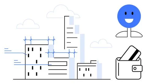 High-rise buildings with construction elements, smiling blue face icon, and w Stock Illustration