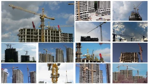 High-rise buildings under construction and cranes, collage, HD. Vídeos de archivo 83381670