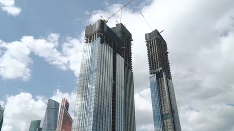 High-rise buildings under construction Capital Towers on the Moskva River Stock Footage 137454703