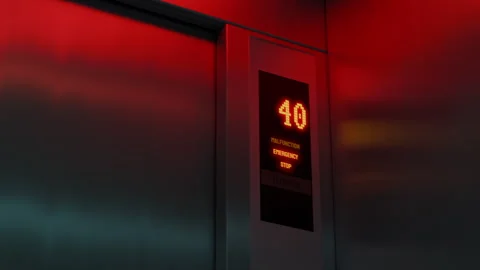 High-rise elevator malfunctioning while going up, red warning light, safety risk Stock Footage 334723133