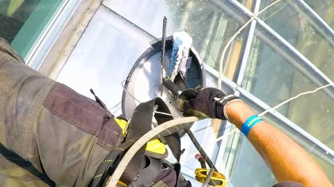 High Rise Industrial Window Cleaning First Person Point of View. Stock Footage