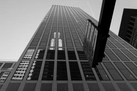 High-rise skyscraper bottom-view black &amp; white Stock Photos