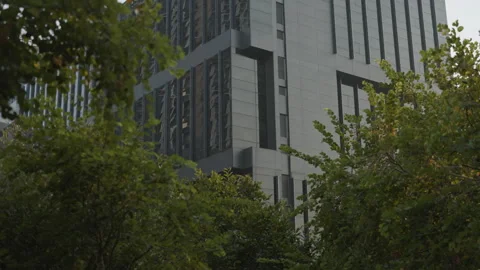High rising grey office building with windows on facade among green park trees Stock Footage 319893163