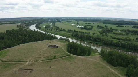 High river bank and flat field 스톡 동영상 237011644