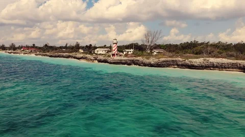 High Rock Lighthouse and Tropical Shoreline Aerial, Grand Bahama, Bahamas Stock Footage 104243159