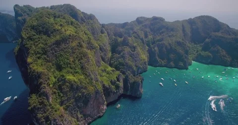 High Rugged Cliffs of Maya Bay, Phi Phi Islands, Thailand, Drone Footage Video stock 73588412