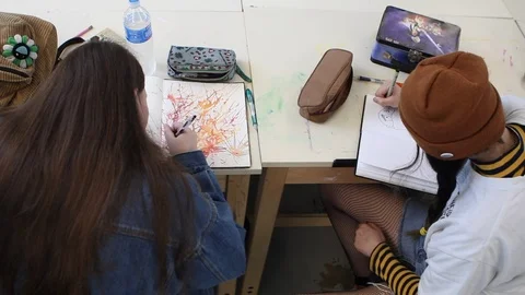 High School Art Class - Close Up - Two Girls Stock Footage 116918648