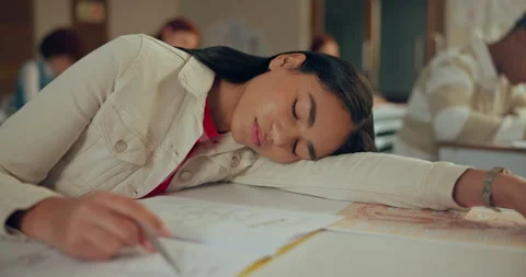 High school, burnout or tired girl sleeping n classroom with fatigue, risk or Stock Footage 280025866