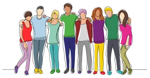 High school class of friends standing together - one line drawing Stock Illustration