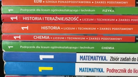 High School First Grade Textbooks Stacked Stock Footage 284880946