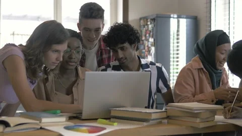 High school friends classmates. Group of university students studying in library Stock Footage